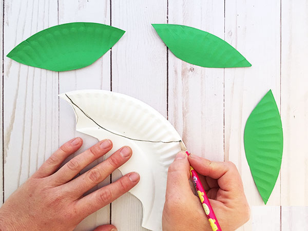 步骤2：在剪剩下的纸盘边缘画出弧线(呈叶子形状)，将其剪下涂上绿色(作为花朵的叶子)。