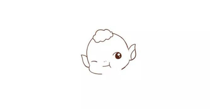 步骤3：然后画出胡巴纯真的眼睛，一只眼睛调皮的眯着，一只正看着我们，画两个点点代表鼻子，再画出抿起歪向一边的嘴巴。