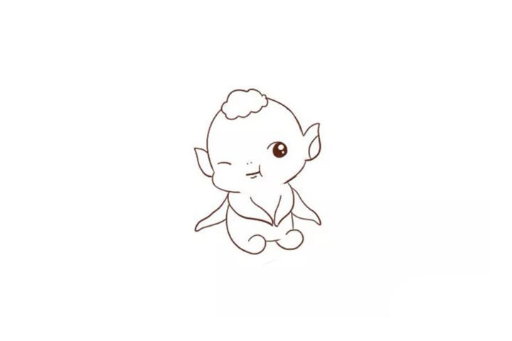 步骤4：接着画出他身体的部分，从脖子延伸到脚趾，再画出后面的两只胳膊，完善身形的小细节。