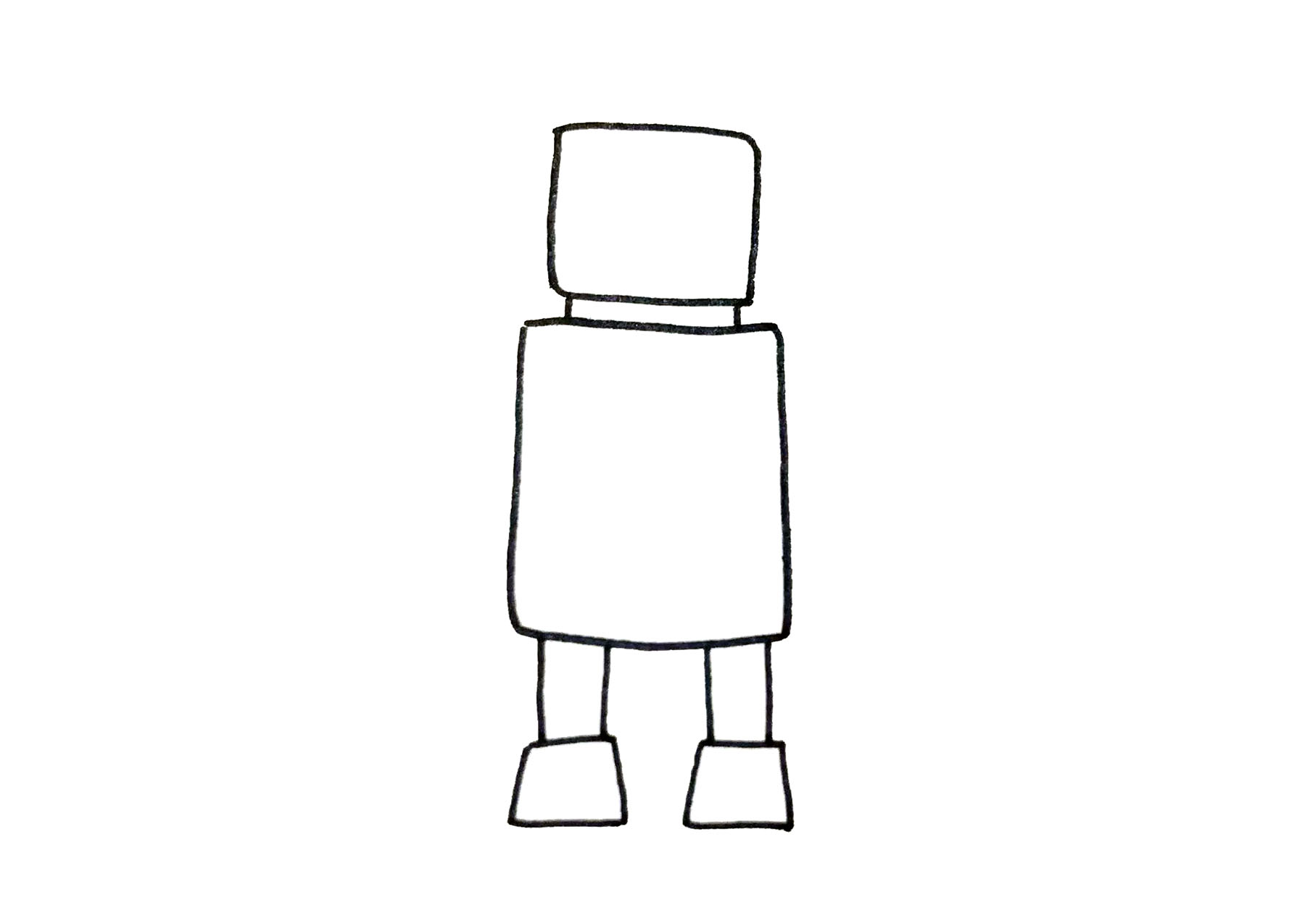 步骤1：先画出机器人的头、身体、脚的轮廓线条。