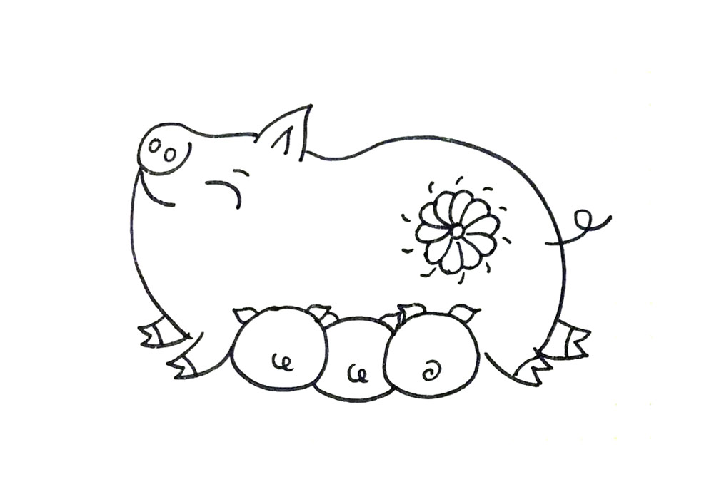 步骤4：画出三只小猪的耳朵和尾巴。