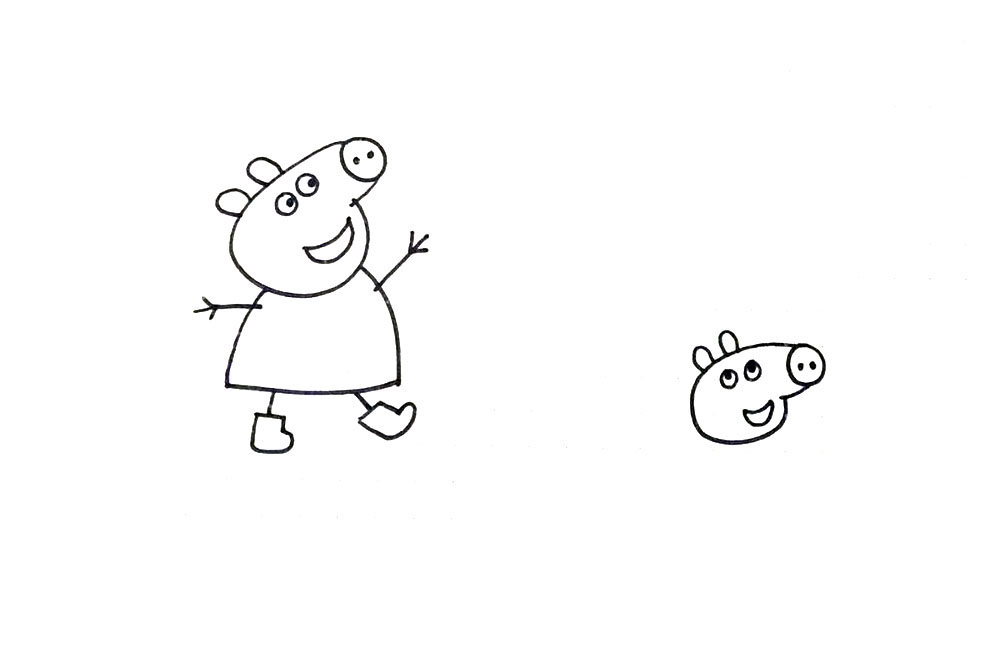 步骤4：画完佩奇后我们接着在旁边画出乔治的头。