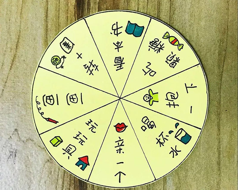 步骤3：根据大转盘的内圆的大小，剪出一个转盘，在这个圆上，写上你和家人喜欢做的事，想要刺激好玩一点可以写上一两个惩罚，比如“深蹲20下”“10个俯卧撑”等等。