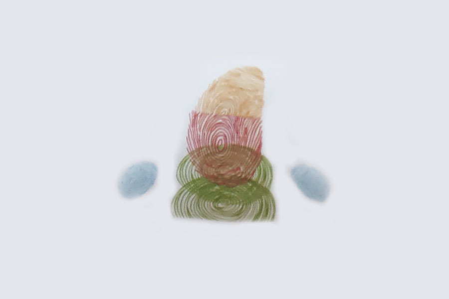 步骤2：先印一个一半的指印作脸，再印一个一半的指印作帽子，最后印两个指印作手套。