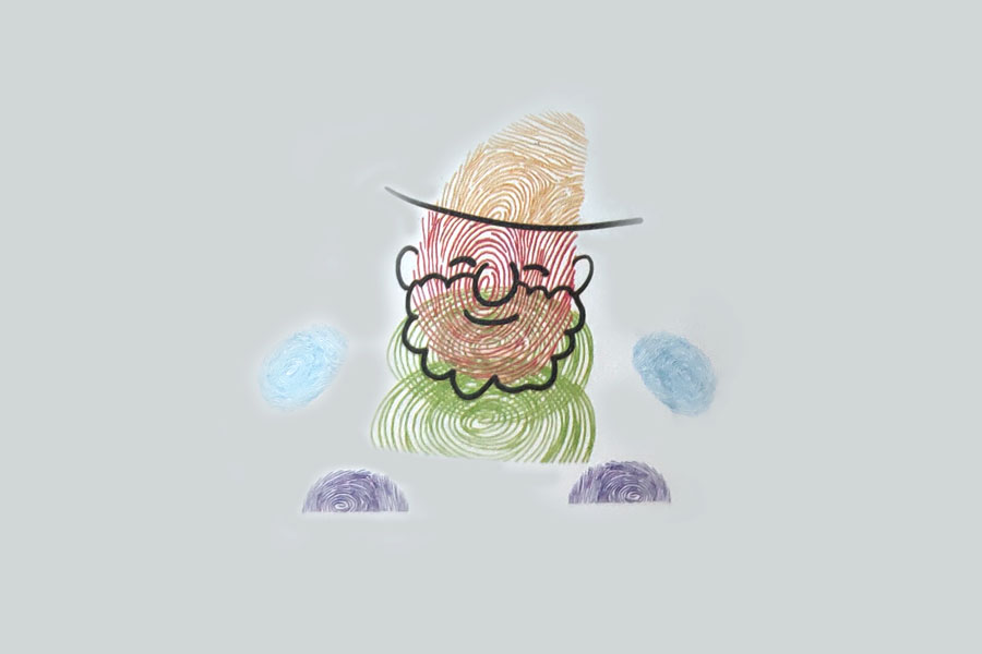 步骤3：印两个小一点的指印作鞋子，画帽檐、五官和胡子。