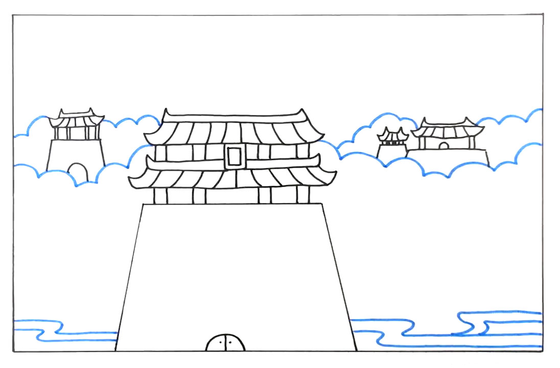 步骤2：接着再画一些远处的建筑，用曲线勾画出一些云雾。