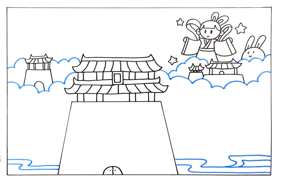 步骤3：在右上角画出嫦娥和玉兔。