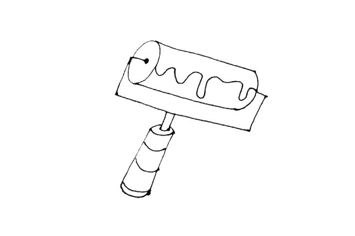步骤6：用一个方形，将两个图形连接起来并在把手上画上一弧弧的结构。