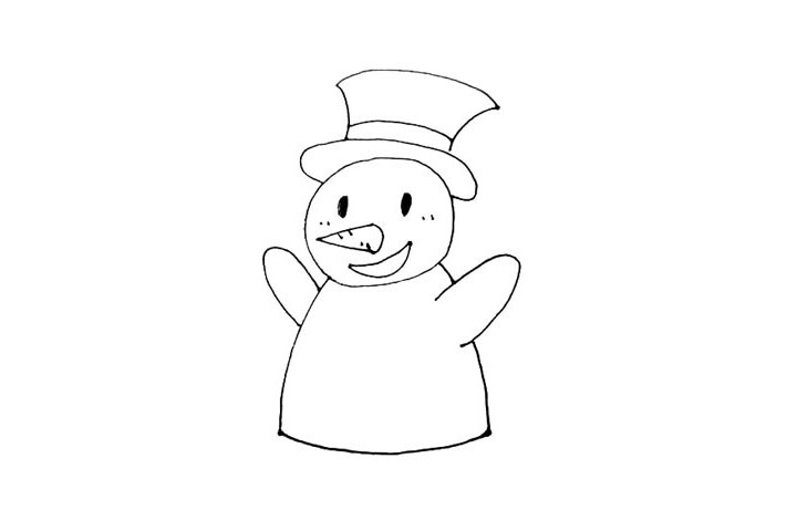 步骤6：在雪人头下面画下来两条弧线，连接起来，并在左边也画上半个椭圆形作为手。