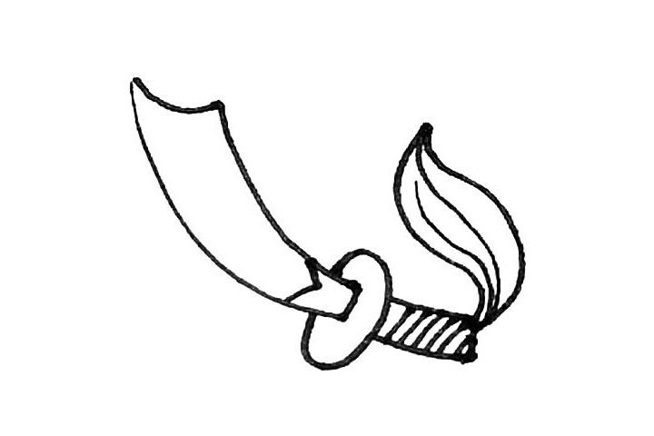 步骤6：接着再用弧线画出大刀后面的绸缎，中间可以多画几条弧线。