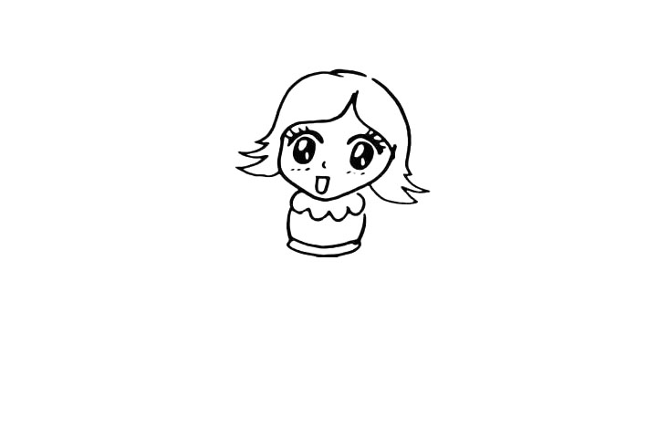 步骤6：然画出她的裙子.群领用波浪线勾勒出来。