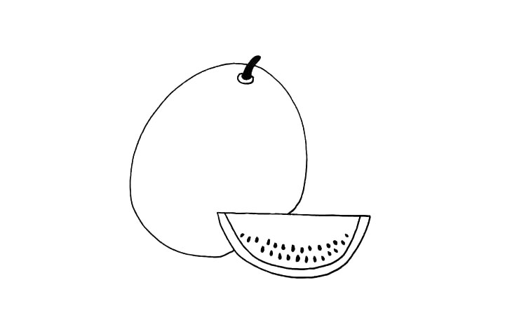 步骤5：然后给西瓜的顶上画上一个柄.注意西瓜柄的位置。