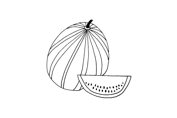 步骤6：围着西瓜柄画一些线条是它的花纹.注意线条的变化。
