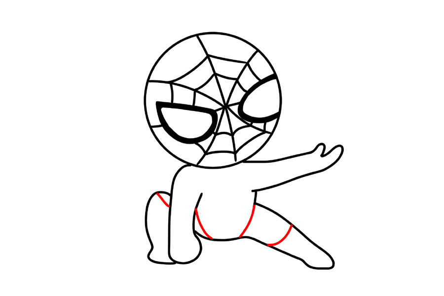 步骤7：把蜘蛛侠的身体另一只腿和手画出来。
