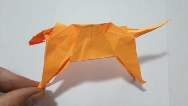 步骤22：老虎尾巴折好之后，接着把老虎的4条腿2边多余的纸往里对折，折好后就是下图的样子。