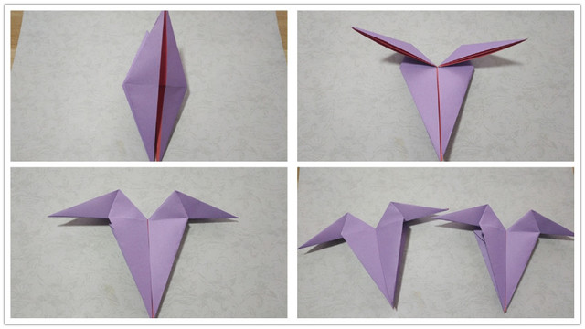 步骤2：同时另一面的纸张也是同样的步骤，折好之后，把顶端的2个三角往2边对折，折出折痕，然后把纸张打开，沿着刚才折痕的折痕内折到里面去，这样折纸小狗的基本部件就折好了，2张纸一样的折法。