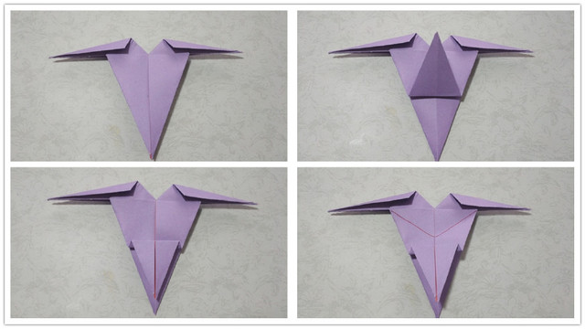 步骤3：先来折小狗的上半身，拿刚才折好的纸张，把顶端的三角往下对折，反面也是一样的，2边都折好之后，把底部的三角往上折，然后再往下折，中间折1cm左右的宽度，接着再把下面的三角对齐顶部横向的折痕，折出2道斜向的折痕，就是右下角图我画红线的地方。