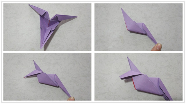 步骤4：接着沿着上一步折好的2道折痕，把纸张往里折，然后对折出右上角图的样子，这个是折纸小狗的肩膀，然后把顶端下面的三角往下折，然后把最顶端的小角往里折，折出小狗的嘴巴和鼻头。