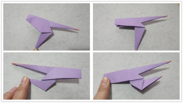 步骤6：前面折好之后，然后把纸张从中间对折，接着把小狗的肚子那纸张往里折，折平，2边纸张一样的步骤，然后再把底部的小狗的腿往左上角对折，然后沿着折痕内折到里面，前后2条腿一样的折法。