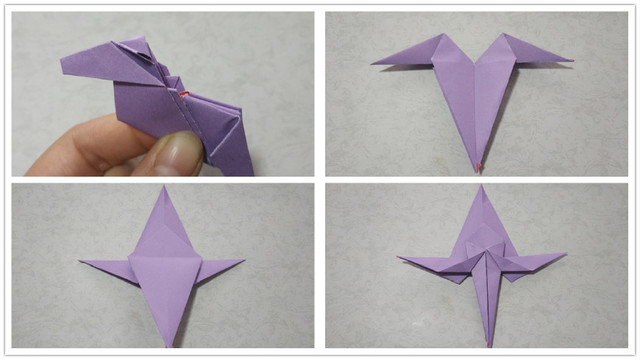 步骤5：然后接着再把小狗头部的三角往后折，折到里面去，然后再把2边的三角往下折，折出小狗的耳朵。这样小狗的上半身折好了，先放在一边，接着再拿刚才折好的纸张来，把一个三角翻到上面去，然后调转纸张方向就是左下角图的样子，接着把下端的三角左右2边往中间对折，注意中间左右2边的三角也相对应的的折好。