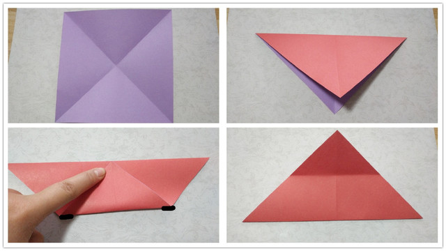 步骤1：准备材料：1张正方形纸，我这里演示用的是15cm的正方形，做出来的盒子就手心那么大，所以，实际要用再大一点的纸哦，先把纸张斜向交叉对折，折出2道折痕，然后把纸张按照其中的一条折痕对折，接着把三角的底下那个角的纸张往上对折，注意这里只压左右2边5mm左右折痕就可以，不要全部都折出来。