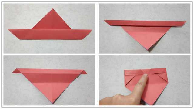 步骤2：折痕折好后，把纸张正向放置，然后把三角形的底部往上对折，对齐刚才折的2道5mm的折痕处，对折好了之后，再把纸张翻过来看，接着把刚才折好的这个宽度再对折一次，然后把纸张往后折，就是左下角图的样子，接着把左右2边纸张的角往中间对折，对齐中间的折痕交叉点。