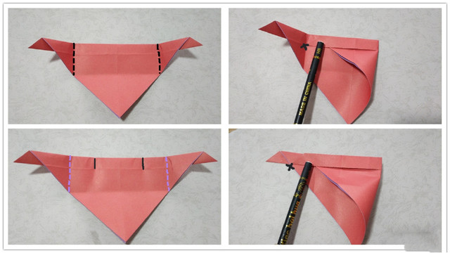 步骤3：然后把纸张展开，纸张上折出2道折痕来，然后再把右边纸张的角对齐左边刚才折出来的折痕，然后把右边的边对折一下，也是不要折到底，只对折顶端那一部分就可以，然后同样的左边的纸张也按照一样的方法来对折，最后对折出来的折痕就是左下角图3，然后接着再把最右边纸张的角的顶端对齐最左边图上我画x的地方，同样的把右边的折痕折出来，只折顶端部分。