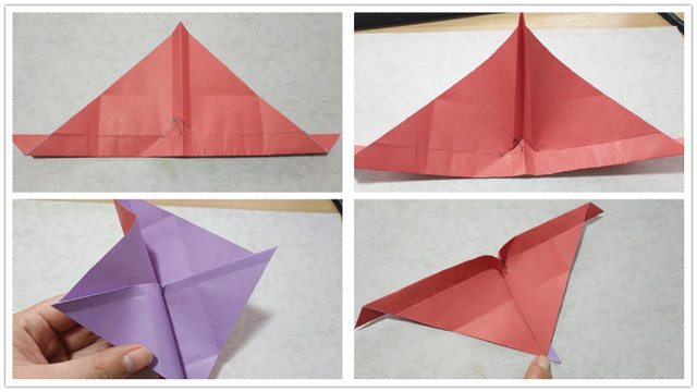 步骤6：折好后，把纸张打开，中间出现刚才折的2道斜向折痕，沿着折痕往里对折，然后把中间的纸张最中间的折痕往后折，2边第一道折痕往前折，然后纸张的背面，注意把上面的纸张和底部的纸张对齐，然后把顶端的三角整理一下，最后就是右下角图的样子。