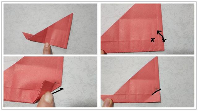 步骤5：然后把纸张从中间对折，接着纸张的右下角，按照我图上标注的2个x的位置，把最底部的三角往上折，对齐箭头的顶端，然后把小三角折痕折出来，再展开纸张，会折出一道斜向的折痕，就是右下角图我标注的那个。