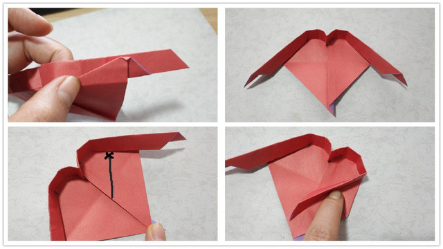 步骤8：折好的三角往上折，把顶端多余的小角往下折，然后把纸张藏到盒子边缘的纸张里面，同样的折法把心形盒子的另一边也折出来，然后接着再来相邻的第2道折痕，一样的方法对折。