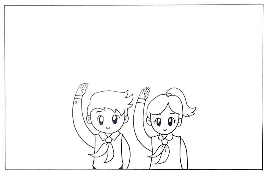 步骤2：在他们背后画上一个云朵形状的文字框和一面五星红旗。