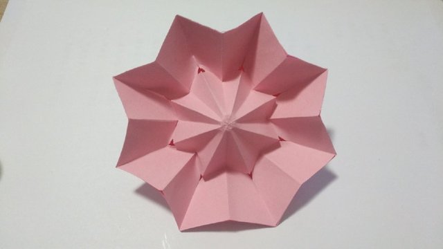 步骤10：伞面和伞骨全部粘合后，折痕全部折好后，就是下图的样子。