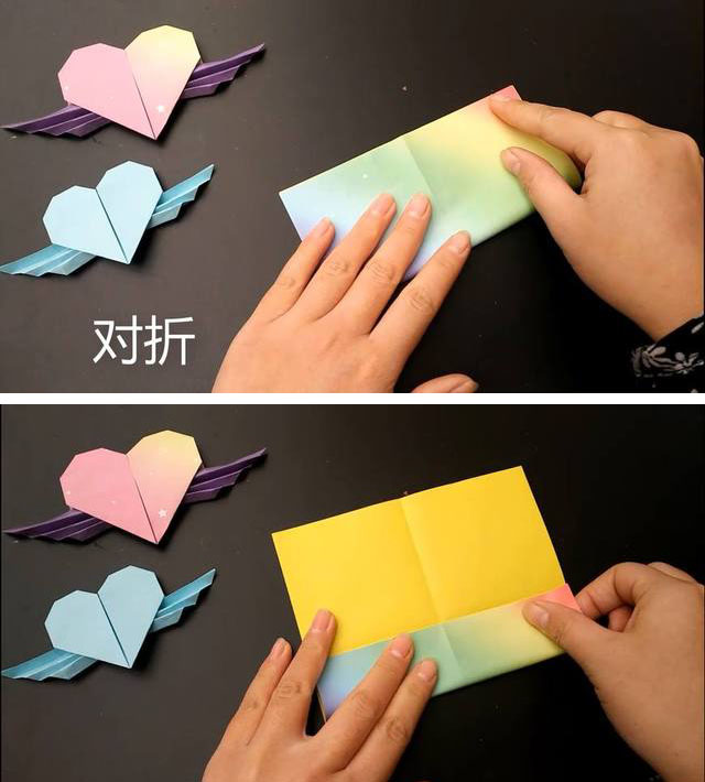 步骤2：先把纸张横向对折一次，然后展开，再竖向对折一次，折出2道折痕，也就是一个十字形折痕。