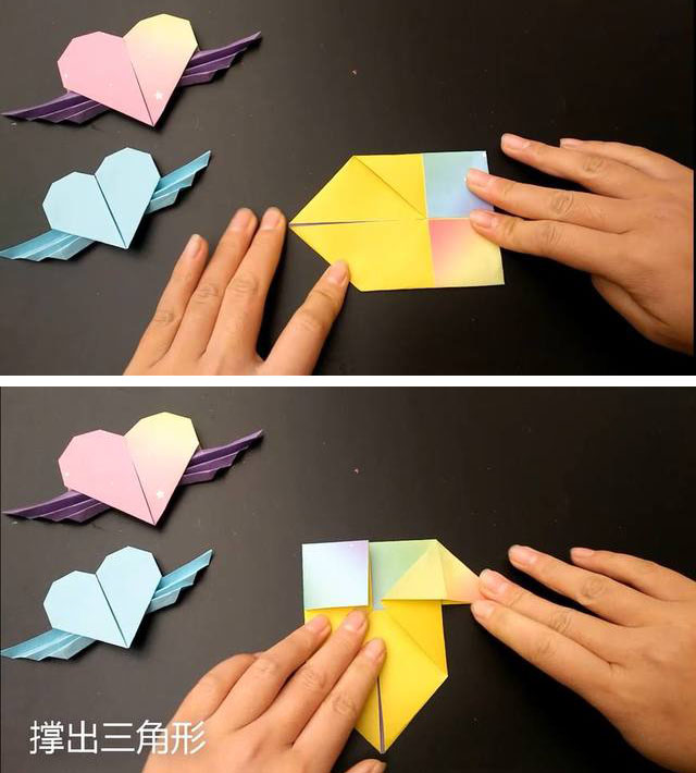 步骤4：然后再把右边左右2边的纸张往中间对折，注意这里对折的是前面往上对折的那个，我这里用的双色纸，所以应该更好理解些。