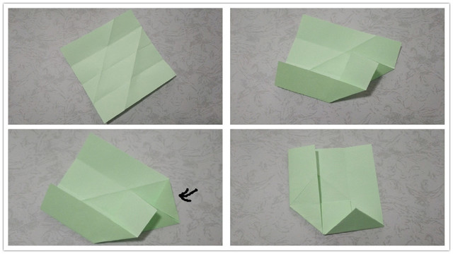 步骤4：玫瑰花的花朵折好了，现在我们来折玫瑰花的叶子，取一张绿色的正方形纸，前面做法跟玫瑰花的花朵折法教程是一样的，先把纸张横向对折平均4等分，中间3道折痕，然后把斜向的2道折痕折出来，接着把纸张折出右上角图2的样子，下一步是区别，把纸张最右边的小角往左对折，然后再把底部的大三角往上对折。