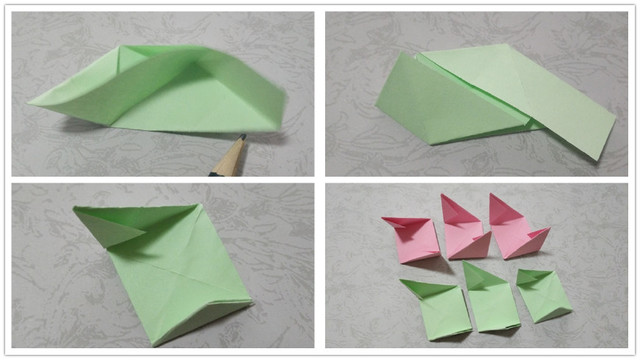 步骤5：对折好了之后，还是同样的把折好的部分放到上面的位置，然后把下面的纸张往里对折，多余的纸张沿着折痕压平对齐，然后翻到反面，把2个小三角往里折，这样玫瑰花的叶子的小部件就做好了，同样的步骤把剩下的2张绿色纸张折出来，最后总共是3朵粉丝的花朵和3片绿色的叶子。