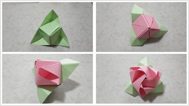 步骤8：玫瑰花的花瓣和叶子组合好之后，把底部绿色的叶子展开，把叶子折出来，然后翻到正面，轻轻的拉花瓣的纸张，把3朵玫瑰花瓣都拉出来，这样一朵简单漂亮的玫瑰花就做好啦，你们都学会了吗？