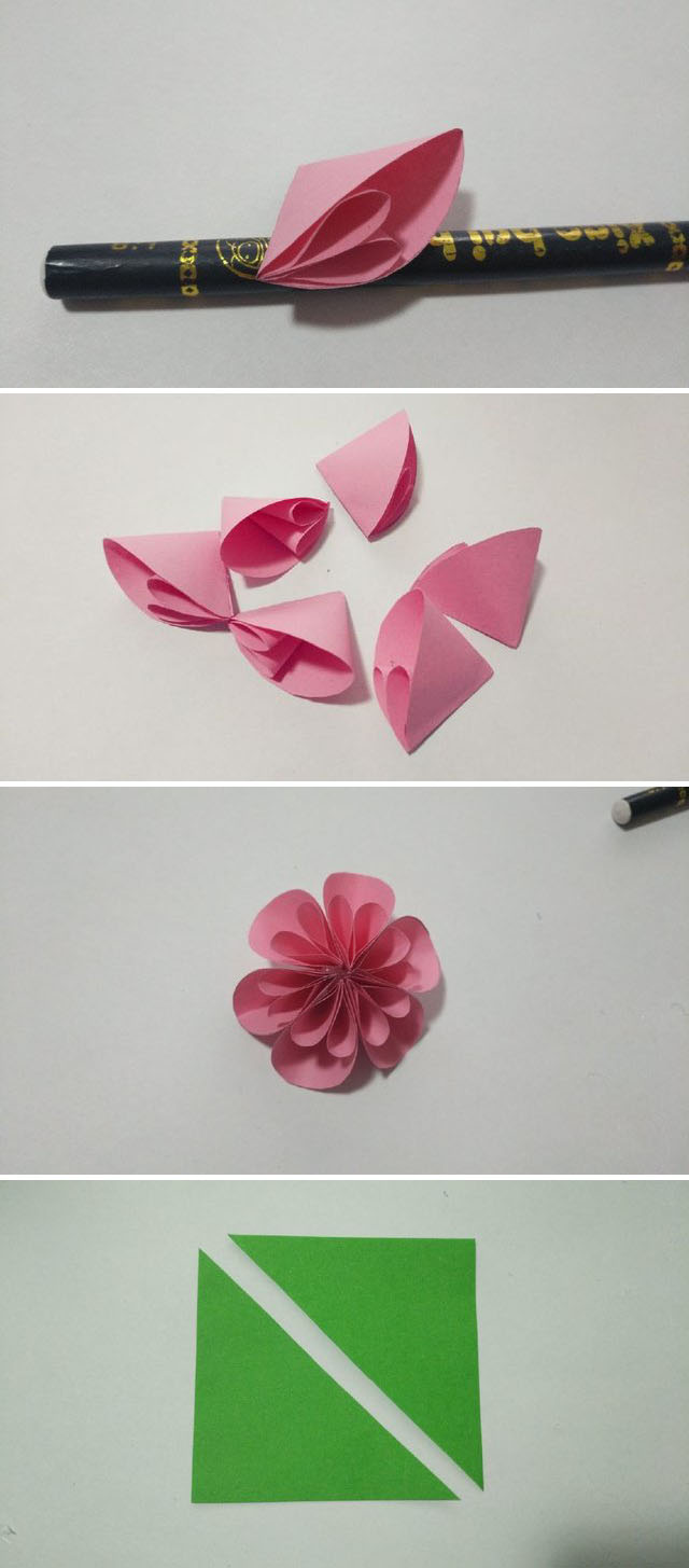 步骤3：折痕折好后，把纸张捏住左边折痕的小角，然后把小角折到里面去，包在大三角里面，然后把边缘涂上胶水，整体粘在一起，这样折纸花的一个花瓣就折好啦。同样的步骤，我们来折6个小花瓣，然后把6个花瓣一次围绕粘成一个圈，这样一朵漂亮的手工折纸花就做好了。