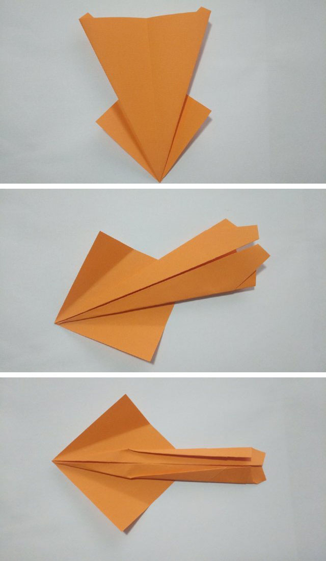 步骤4：接着上一步的折法，然后这一步接着再翻回到纸张的正面，然后把中间的2个小三角往2边展开，接着再把中间的纸张2边往中间对折，对折好了之后，然后再把2边往中间对折，但是这一次不要折到顶端，要预留出一定的距离来。