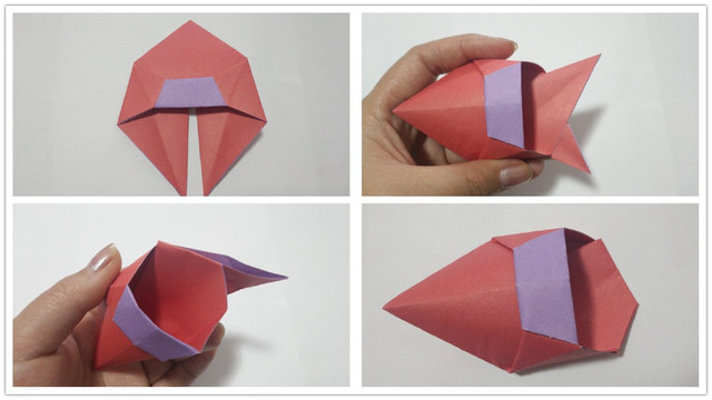 步骤3：对折之后，然后直接把纸张翻到上面，多余的折到里面去。接着用手把纸张中间撑开，这个是高跟鞋的前半部分，撑开高跟鞋之后，把中间的2个三角纸张交叉对折，然后把2个小三角对折，折痕折好后，再把纸张展开，把刚才折痕下的小三角塞到里面去。这一步做法不难，但是可能描述不太清楚，你们尽量理解哈。