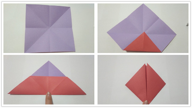 步骤4：高跟鞋折纸的上半部分做好了，然后我们再做剩下的后半部分。这个高跟鞋是由前后2部分组成。同样的拿另外一张正方形纸，跟之前折高跟鞋上半部分一样，折出“米”字型折痕，然后把纸张底部的小三角往中间折痕对折，接着再对折到上面，注意这里是要翻到纸张的背面然后左右2边的小三角往中间对折。