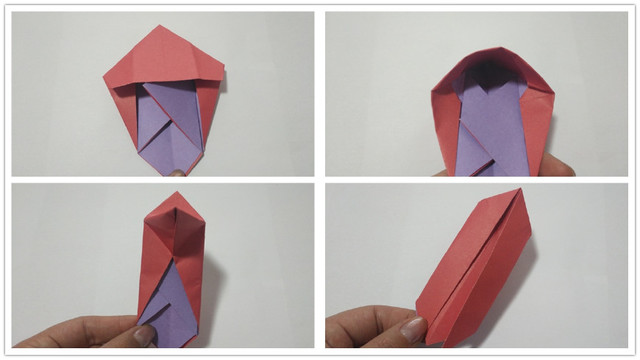 步骤6：前面一步对折好了之后，把纸张折痕打开，沿着折痕折到里面去，就是内折，然后把顶部左右2边斜着往里对折，然后把左右2边红色的纸张往中间对折往下慢慢压，这样高跟鞋的鞋跟就做好了，然后翻到纸张的正面。