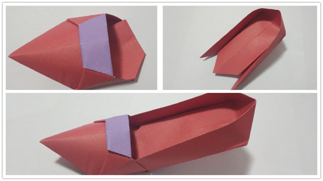 步骤7：纸张翻到正面之后，用手指把高跟鞋折纸的后跟撑开，然后把高跟鞋的后跟前方的2个小角插到高跟鞋前方的边缘处，这样一只漂亮的高跟鞋就做好了，可以根据自己的喜好再多做几双不同颜色的哦。