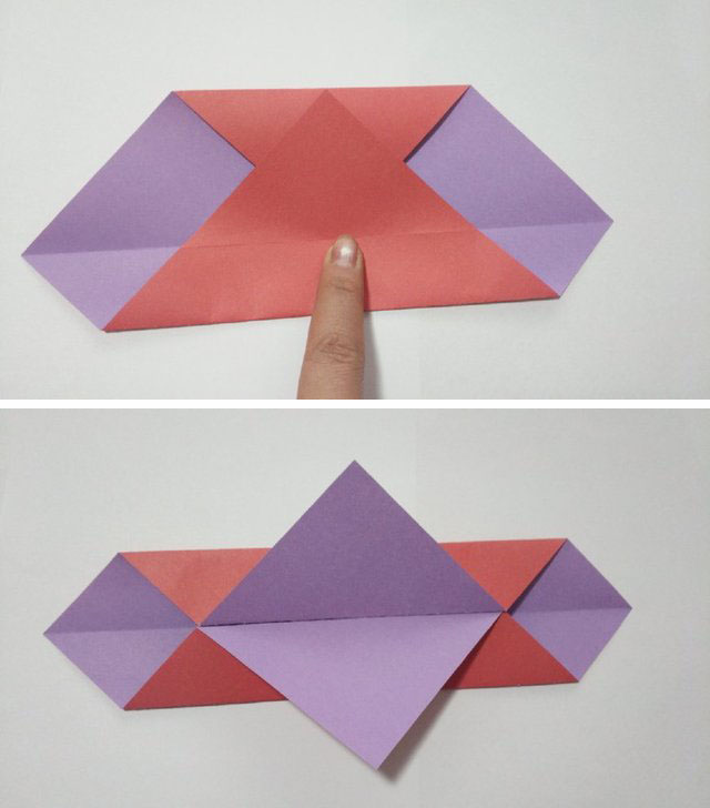 步骤2：然后再把下方的纸张的折痕往上对齐中间的折痕，然后把顶端的小三角沿着折痕往下折，同样的步骤再把上面的三角形也折出来相同的样子。