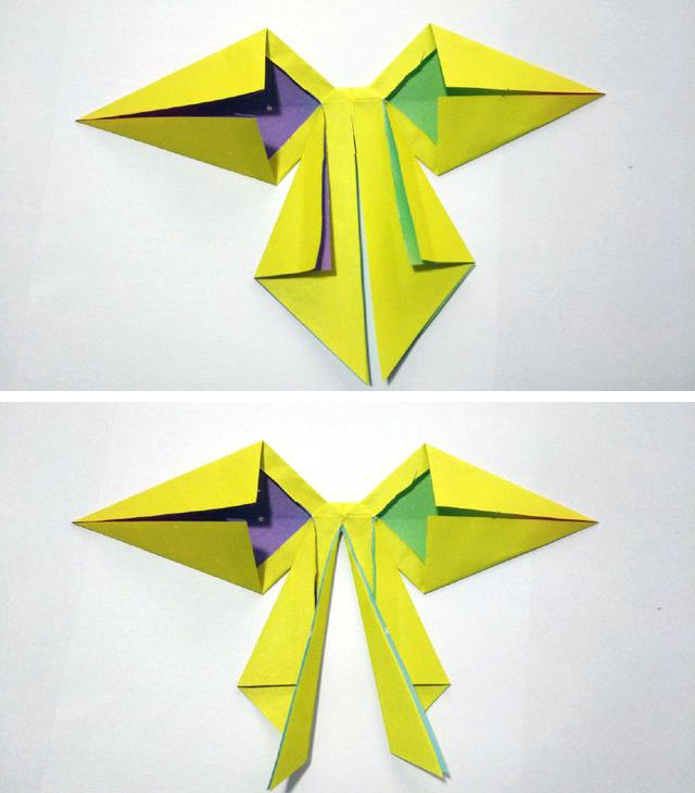 步骤9：然后再到接下来的一步，把下面的左右2个三角的2边往中间对折，注意这个对折是对折出一个直角三角形，然后接着图2 再把中间的纸张往2边对折，斜着对折，对折的时候里面的纸张对齐直角三角形的角就可以了。