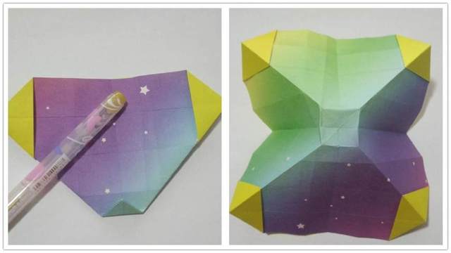 步骤2：这个钻石形状如果不知道怎么折的话，参考一下右边的图片，就是把4个边往里收，然后对齐边缘。钻石形状折好后，把底端的小三角往上对折，对折半径为半个格子，然后把纸张全部展开，中间部分出现一个小正方形，然后把小正方形4条边折痕再折深一点。