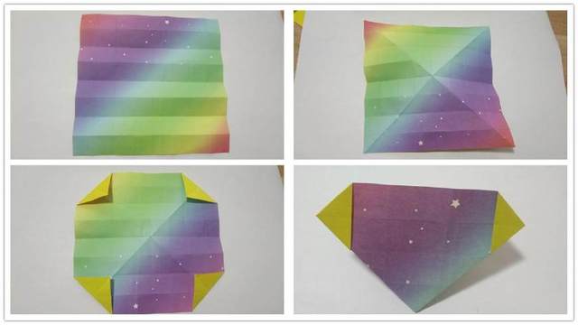 步骤1：准备材料：1张正方形纸，我这里用的是15cm的正方形纸，做出来的成品玫瑰花在4cm左右。先把正方形纸张横向对折8道折痕，然后再竖向对折8道折痕，接着斜十字对折。然后折痕折好后，把纸张的4个角往里对折，对折直径为2个格子，然后沿着折痕折叠成钻石形状。