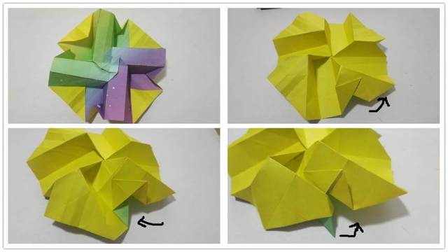 步骤5：然后其他3面也是同样的把立体的部分折出来，左上角图1是4个角都折好的样子，右上角图2是翻到反面，把边缘的棱角折明显一些。然后接着左下角图3我用笔标注的地方，一个三角形状，按照标注的把折痕折出来，然后把折痕往上折，就是右下角图4的样子。