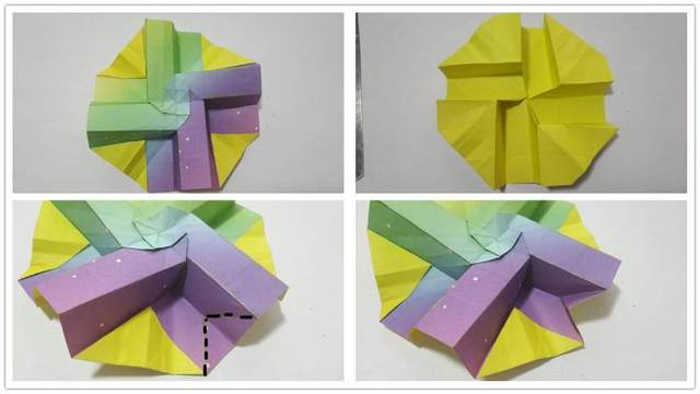 步骤4：前面复杂的一步折好后，后面基本就没有难度了，先看左边图片上，我用笔标注的地方，黄色的笔，画出了4道字母L型的折痕，然后右边图，先拿最右下角的那个来演示，把画线的折痕下面都压下去，出来一个立体的形状。就是把那个原先是平铺的给它展开就是一个梯形的样子。