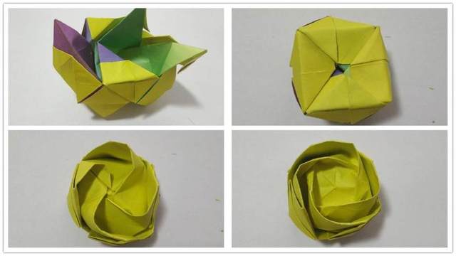 步骤7：上面那是一个角的步骤，然后同样的把4个角全部按照这个步骤折好，折好后正面就是左图1的样子，反面是右图2的样子，然后再到侧面来，因为这样折好之后是散开的，合不到一起去，所以看侧面，我用笔标注的地方，沿着折痕往后折。